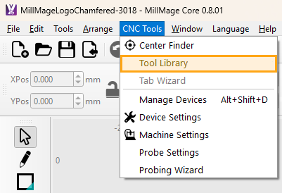 The CNC Tools tab in the main menu is open with Tool Library highlighted