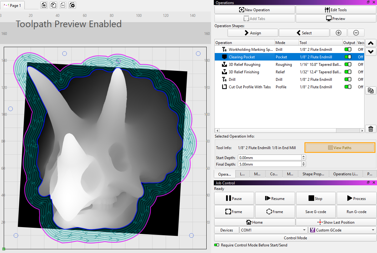 Screenshot of assigned object toolpath preview over the objects in the Workspace