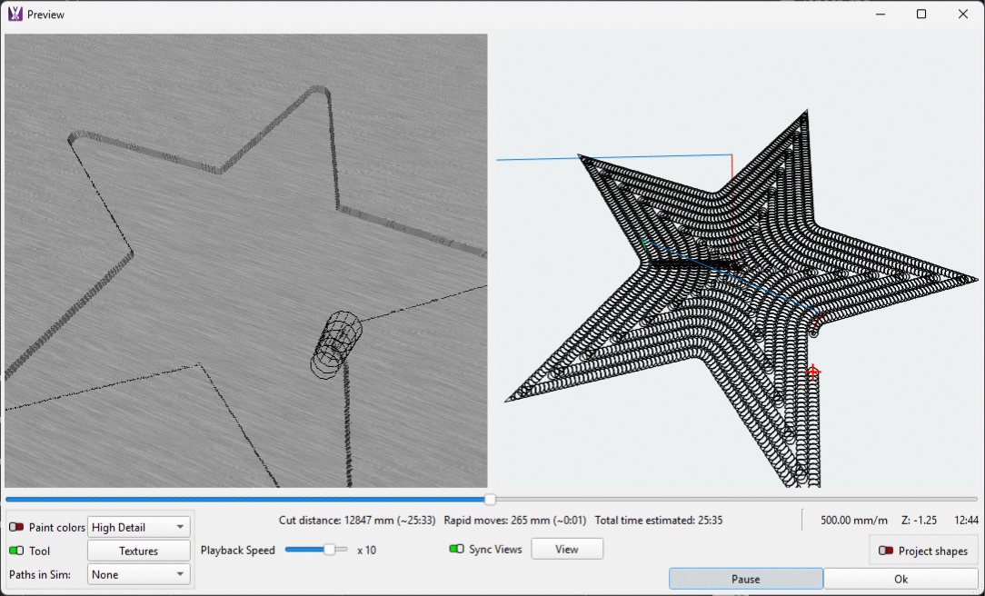 A simulation of a trochoidal pocket path in the Preview window