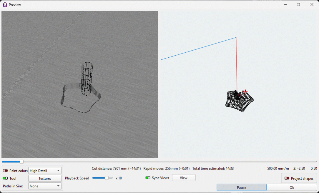 A simulation of a trochoidal pocket path in the Preview window